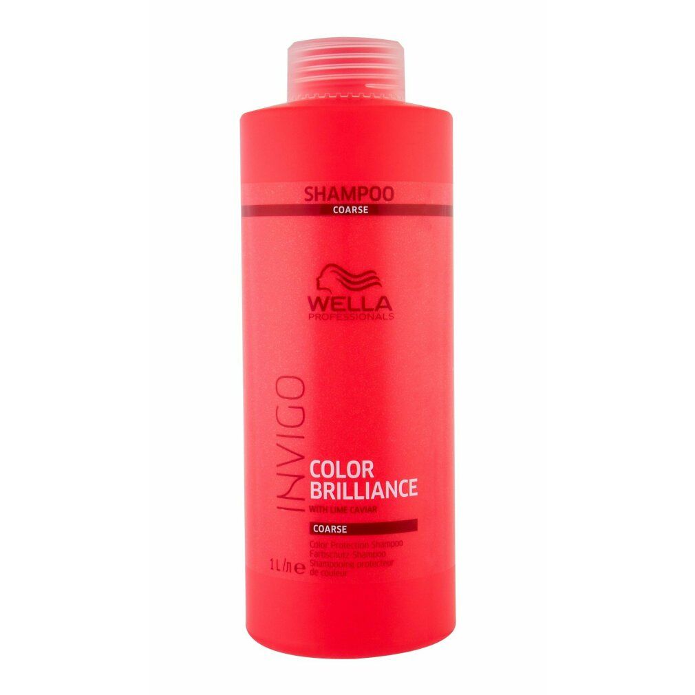 Flacone di shampoo rosso con tappo bianco. Scritta: Wella Invigo Color Brilliance per capelli spessi. Testo: Shampoo, Coarse, 1L.