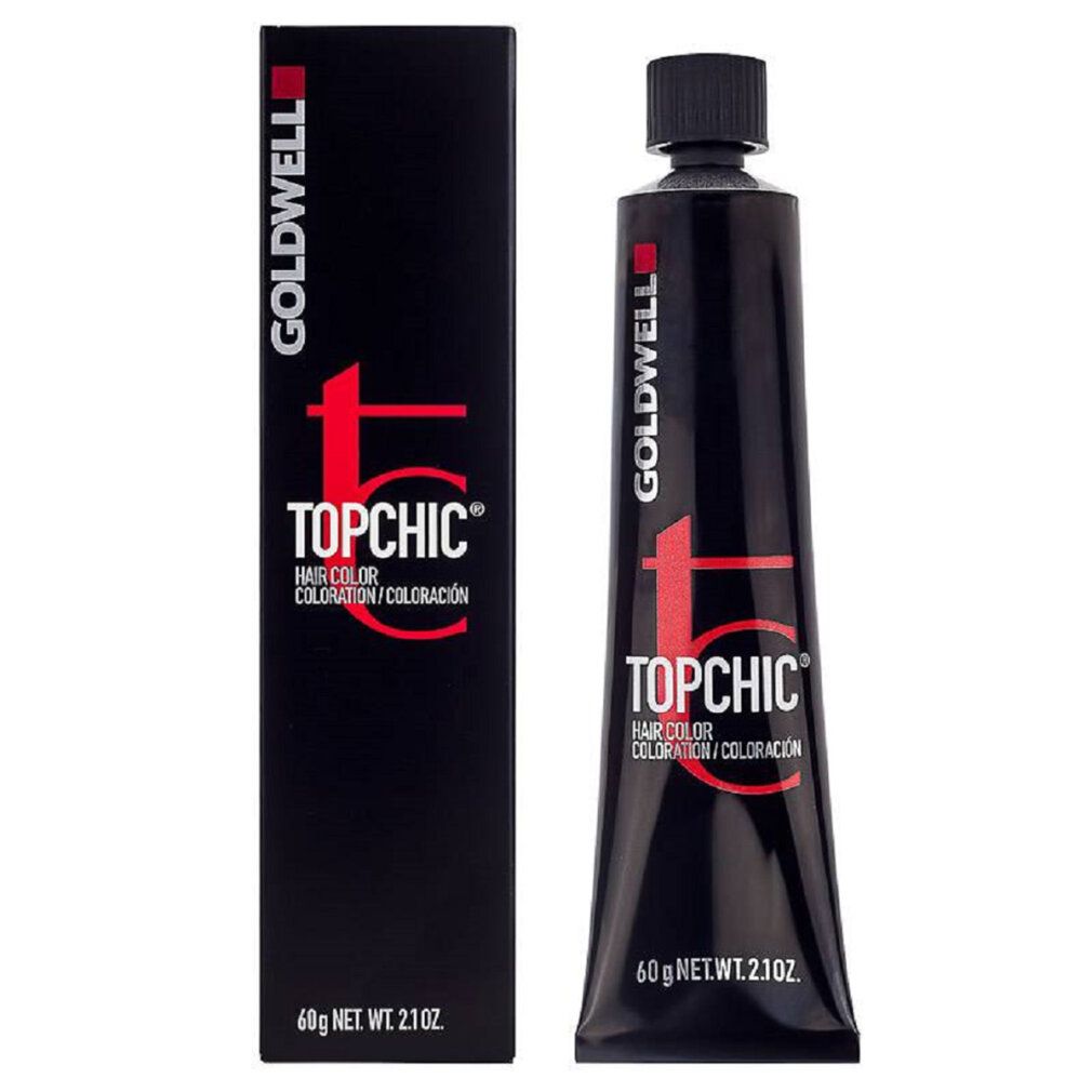 Tubo e scatola di tinta per capelli Goldwell Topchic. Tubo e scatola neri con testo rosso. Scritto: Hair color coloration.