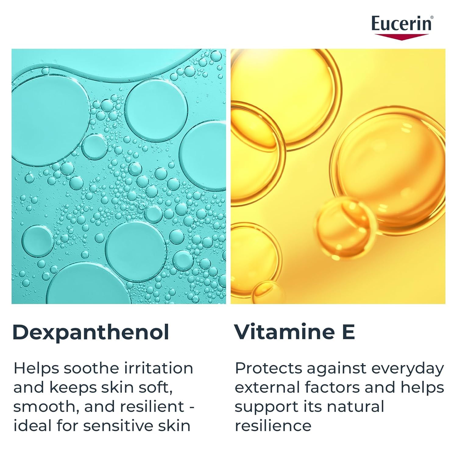 Due immagini: liquido blu a sinistra, liquido giallo a destra. Testo: Dexapanthenol, Vitamina E.