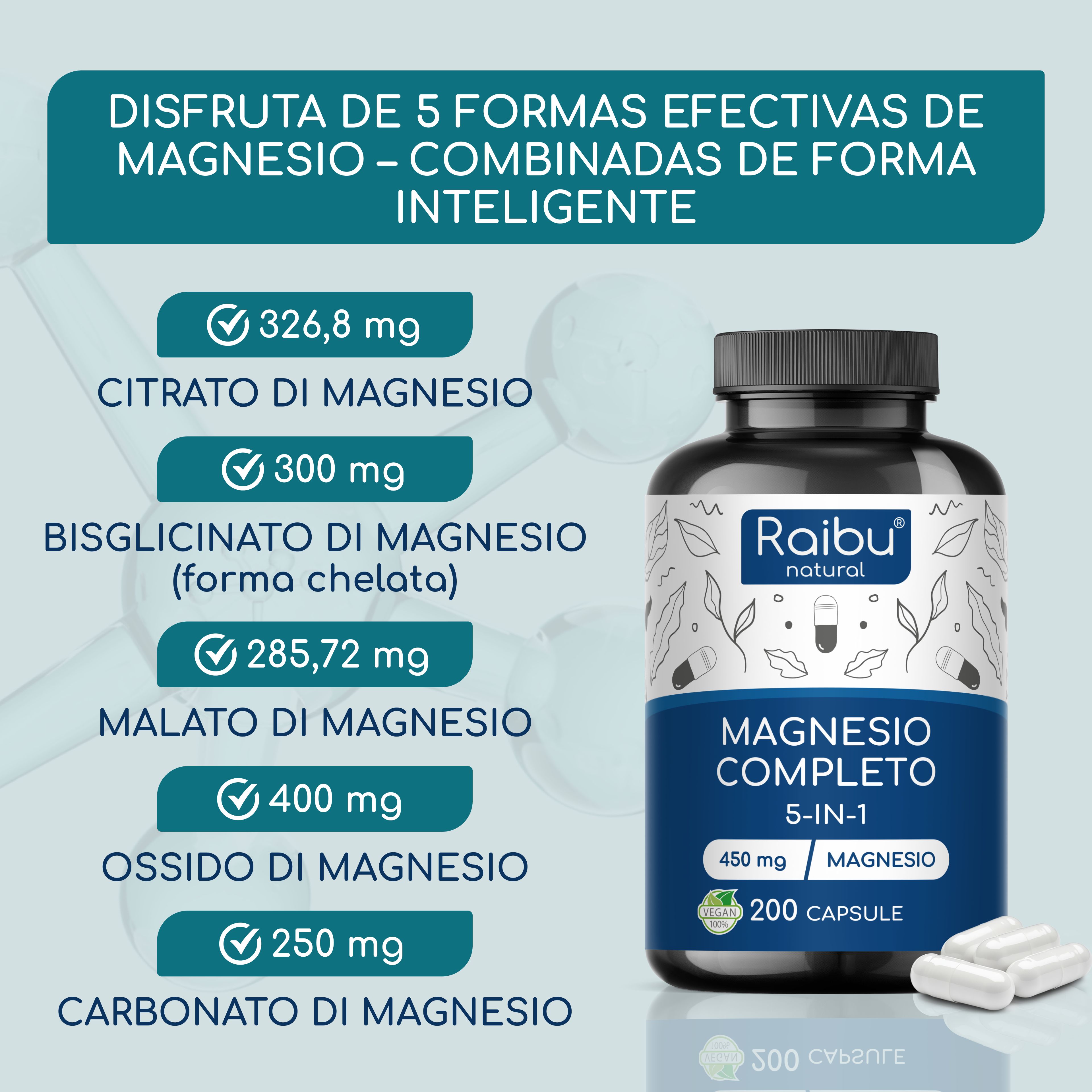 Flacone del prodotto con capsule. Testo: 5 forme di magnesio, combinate in modo intelligente. Citrato, Bisglicinato, Malato, Ossido & Carbonato. 200 capsule.