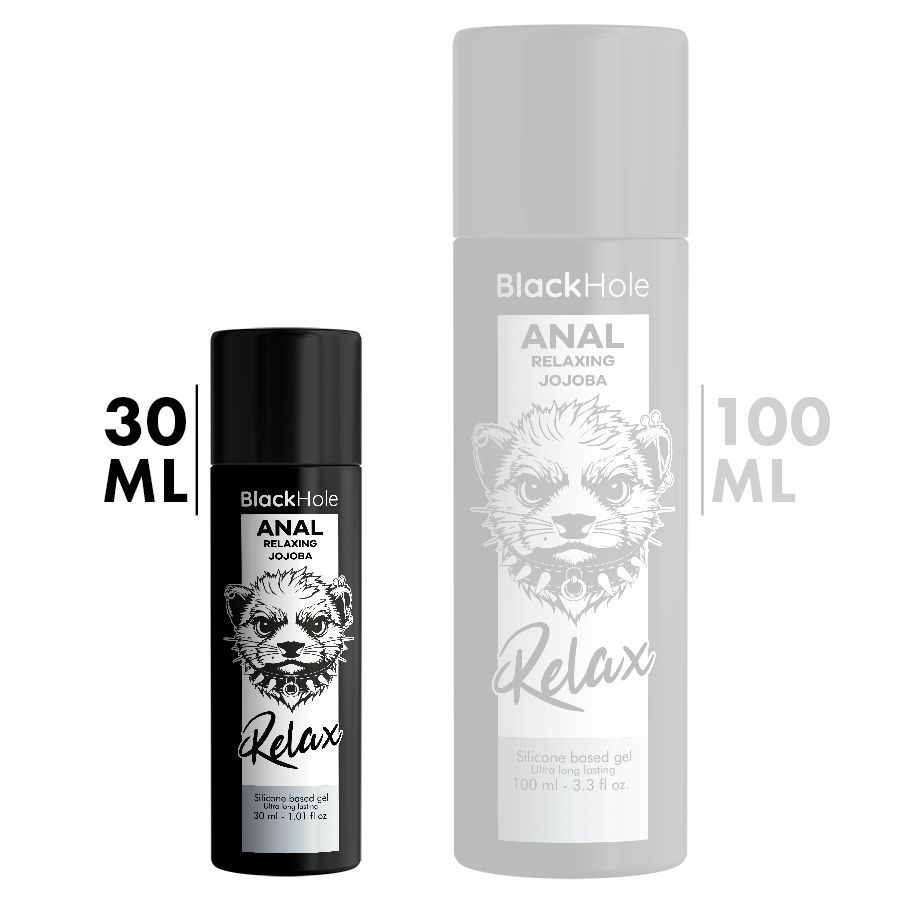 Due flaconi, uno da 30 ml e uno da 100 ml, con l'etichetta 'Black Hole ANAL Relaxing Jojoba'.