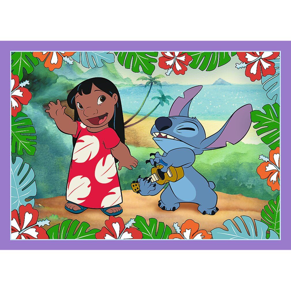 Motivo puzzle: Lilo e Stitch con ukulele. Cornice viola con fiori e foglie. Sfondo: spiaggia e palme.