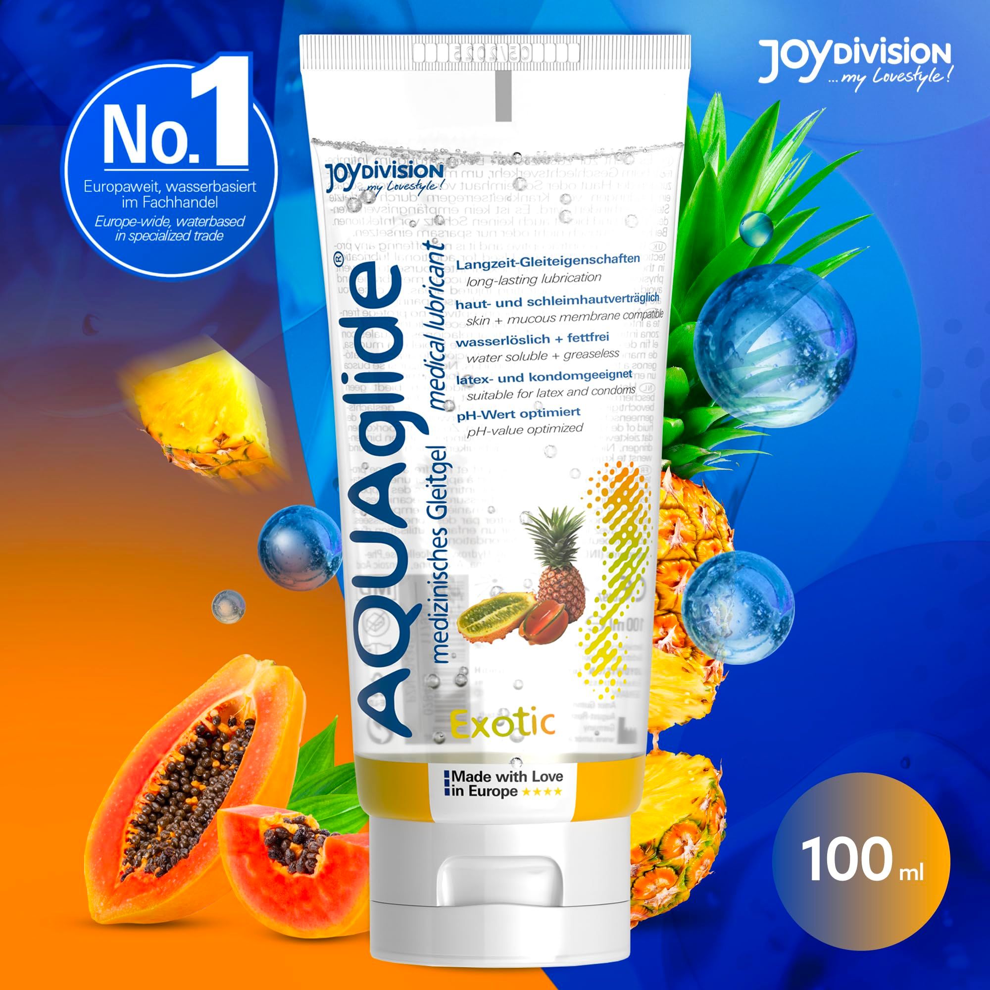 Tubo di gel lubrificante medicale AQUAGLIDE con motivo ananas e kiwi. Fatto con amore in Europa.