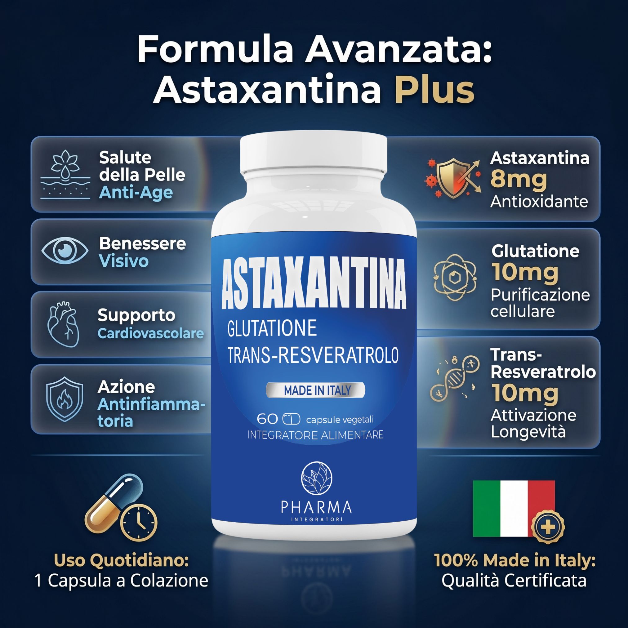Flacone di Astaxantina. 60 capsule. Made in Italy. Bandiera italiana.