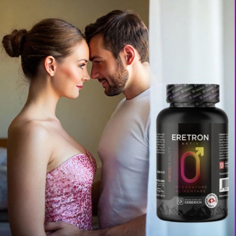 Coppia che si guarda. Accanto, un flacone "Eretron Aktiv". Flacone nero con simbolo maschile. "Swiss Quality". Sviluppato da Geberich.