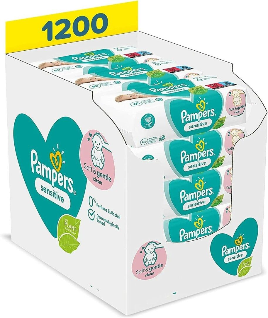 Espositore di salviettine Pampers Sensitive. 1200 salviettine, 15 x 80. Scritte: logo, nome prodotto, 0% profumo e alcool.