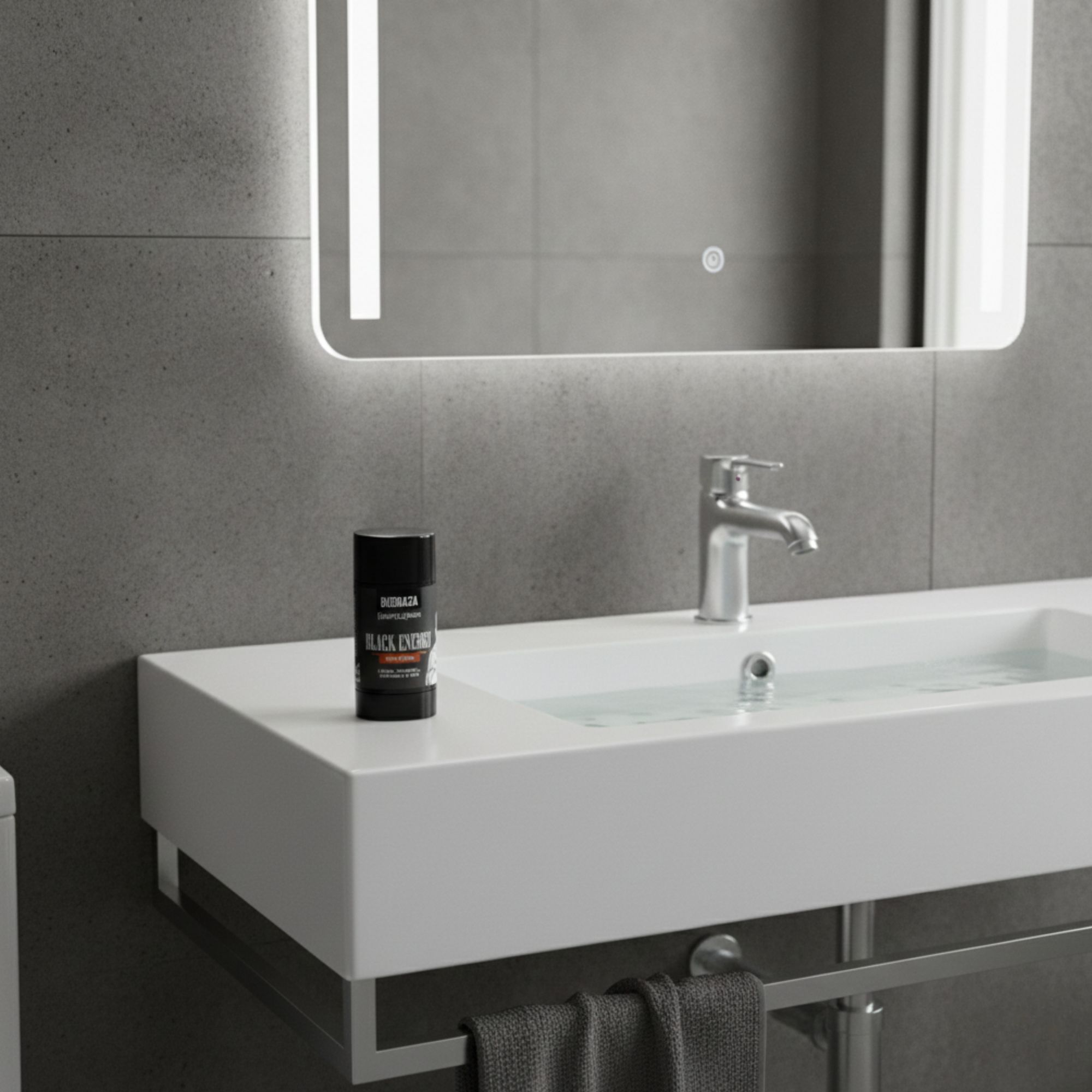 Stick deodorante nero su un ripiano bianco del lavandino. Scritta: Black Energy, Biobaza.