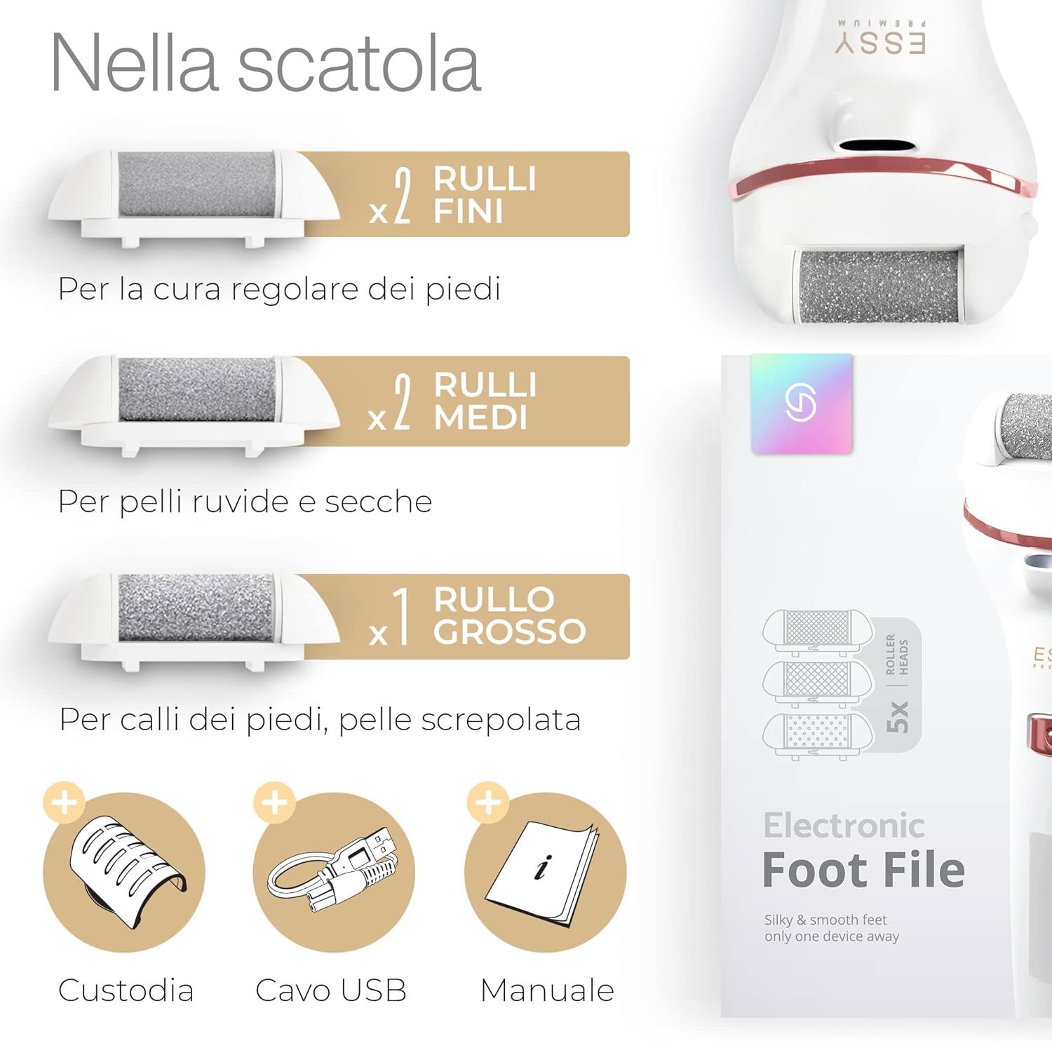 Rimuovi Calli Elettrico Essy con 5 Rulli di Ricambio – Bianco