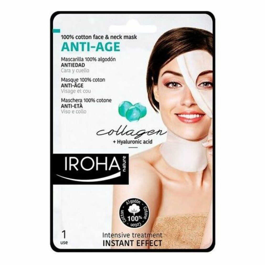Maschera viso e collo in cotone. Confezione con immagine del prodotto e modella. Marca Iroha Nature, collagene + acido ialuronico.