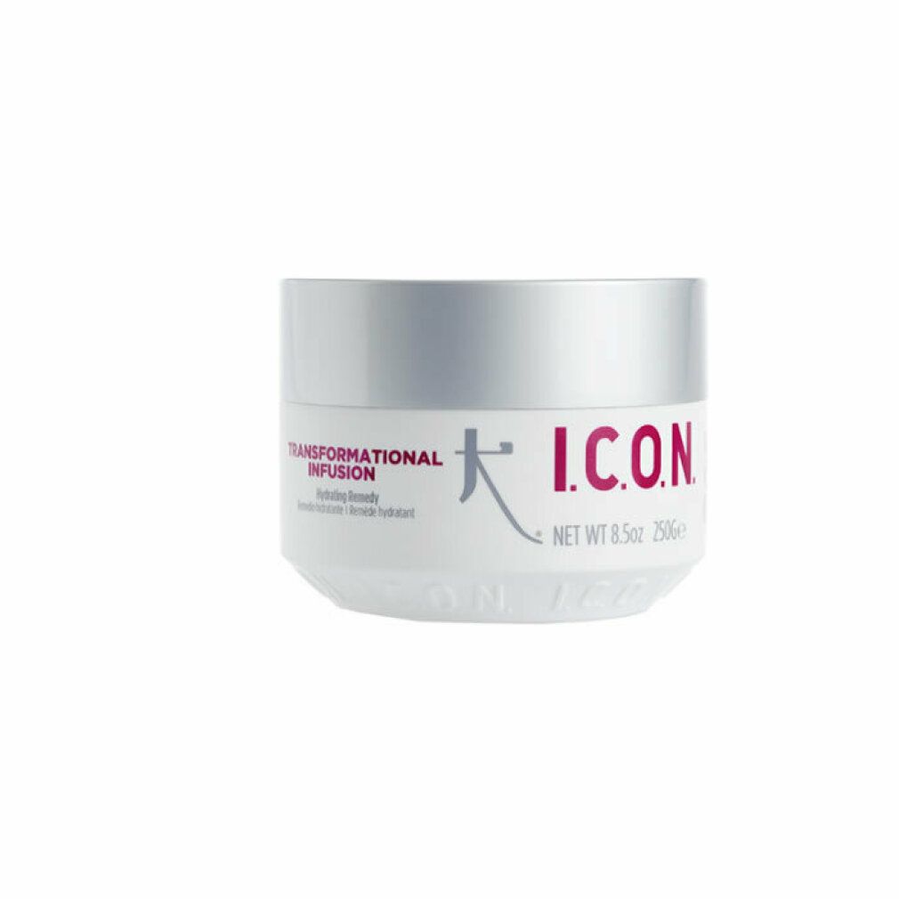 Vaso bianco con coperchio argentato. Scritta: I.C.O.N. TRANSFORMATION INFUSION Hydrating Remedy.