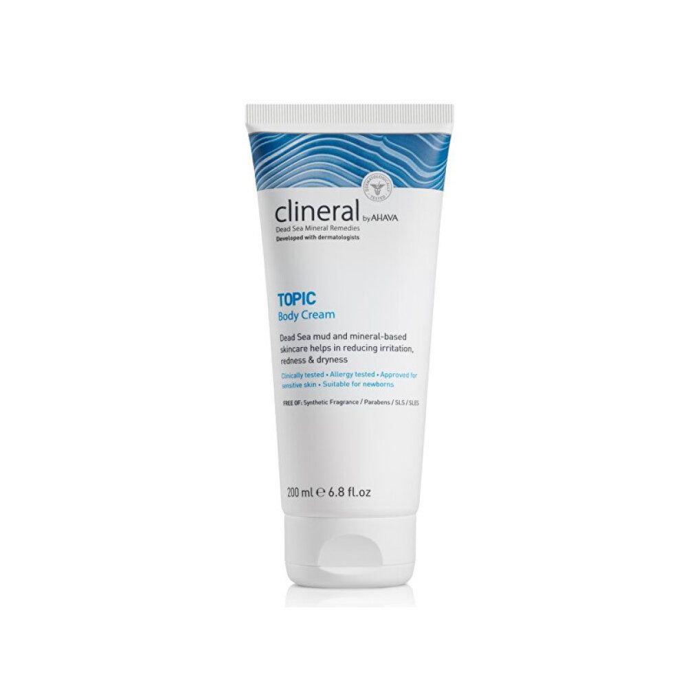Tubo bianco-blu Clineral TOPIC Body Cream. Testo: Dead Sea Mineral Remedies, TOPIC Body Cream, 200 ml. Con certificazioni.