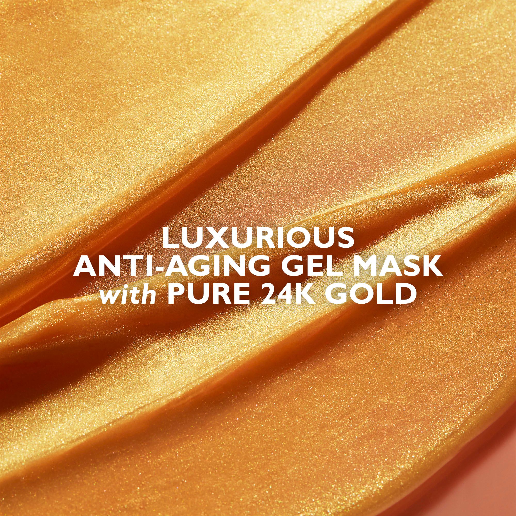 Primo piano di una maschera dorata. Testo: Lussuosa maschera gel anti-età con oro 24K puro.