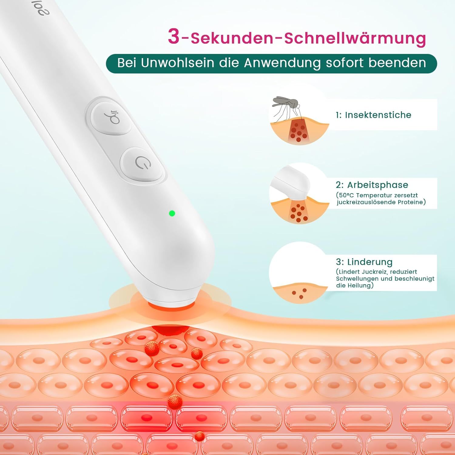 Dispositivo bianco per punture d'insetti con pulsanti e LED verde. Illustrazioni mostrano l'applicazione sulla pelle.