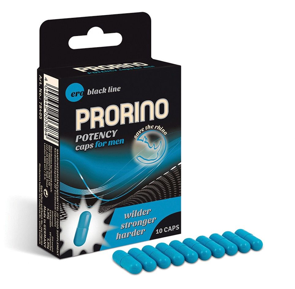 Confezione e 10 capsule blu di PRORINO POTENCY CAPS FOR MEN.