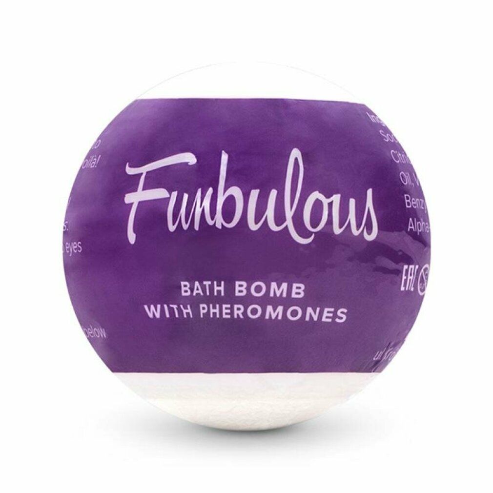 Bomba da bagno rotonda, parzialmente avvolta in viola con testo bianco. Scritta: Funbulous, Bath Bomb with Pheromones.