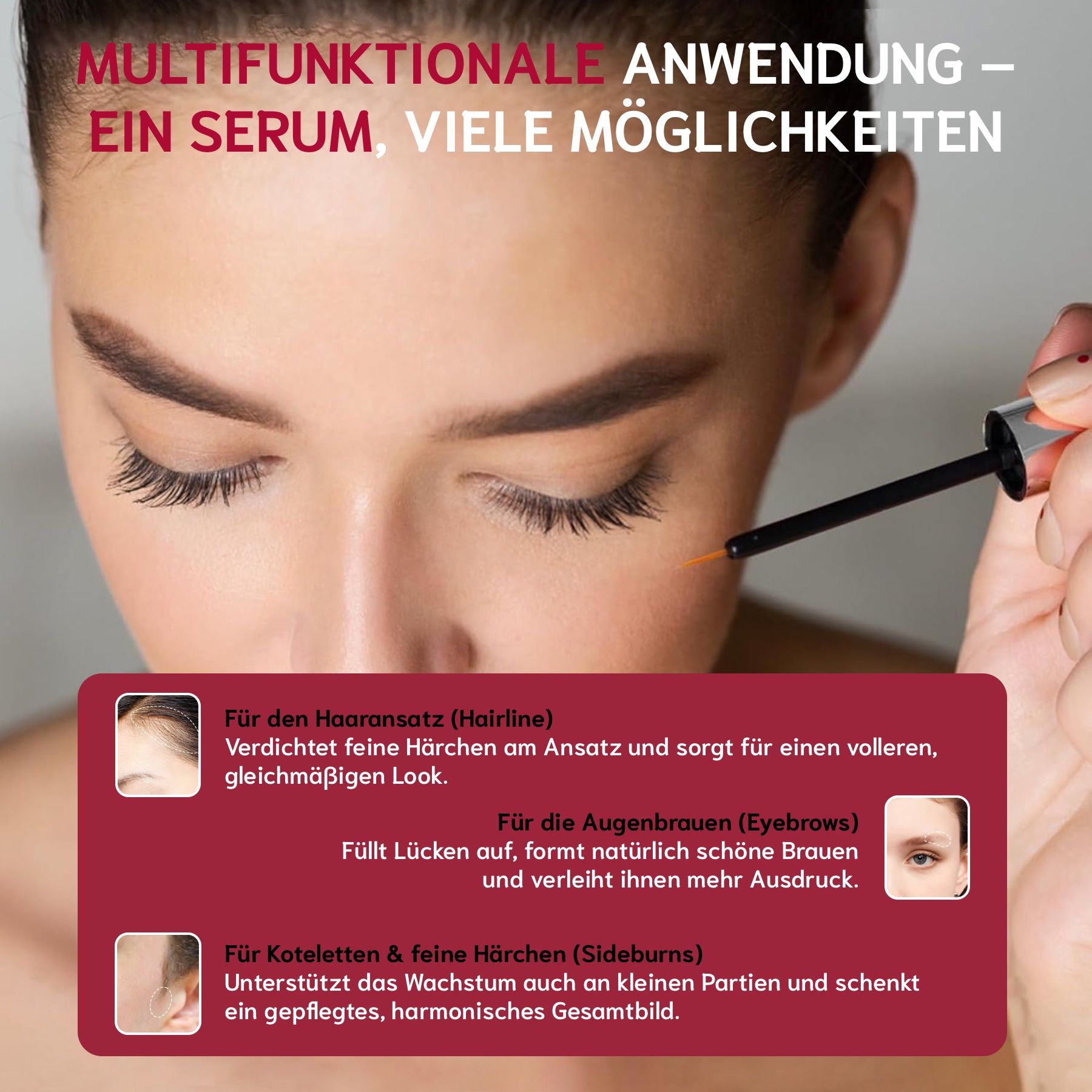 Donna con siero e applicatore. Testo: Applicazione multifunzionale - un siero. Per attaccatura dei capelli, sopracciglia, ecc.