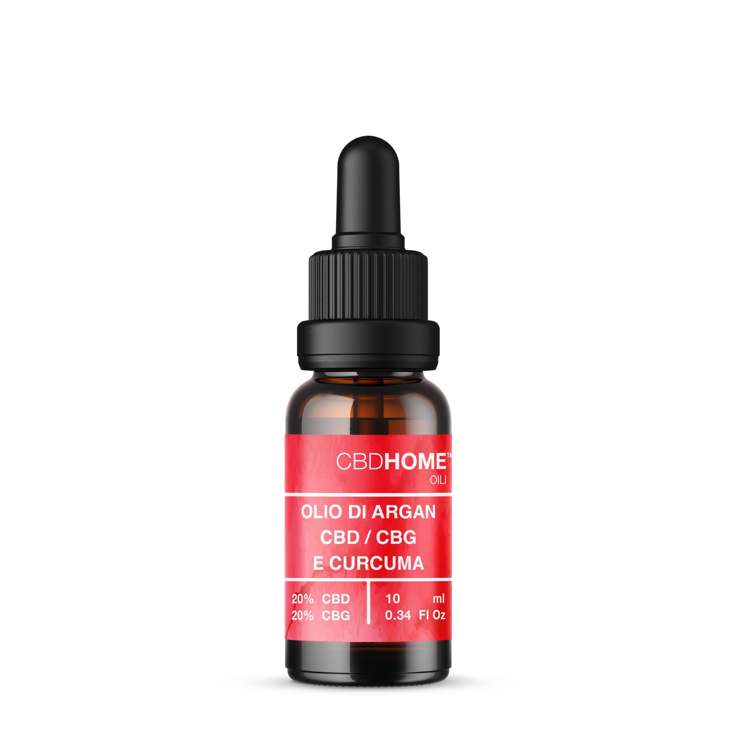 Flacone di olio CBDHOME con contagocce. L'etichetta mostra olio di argan, CBD/CBG e curcuma, 20% CBD, 20% CBG, 10 ml.