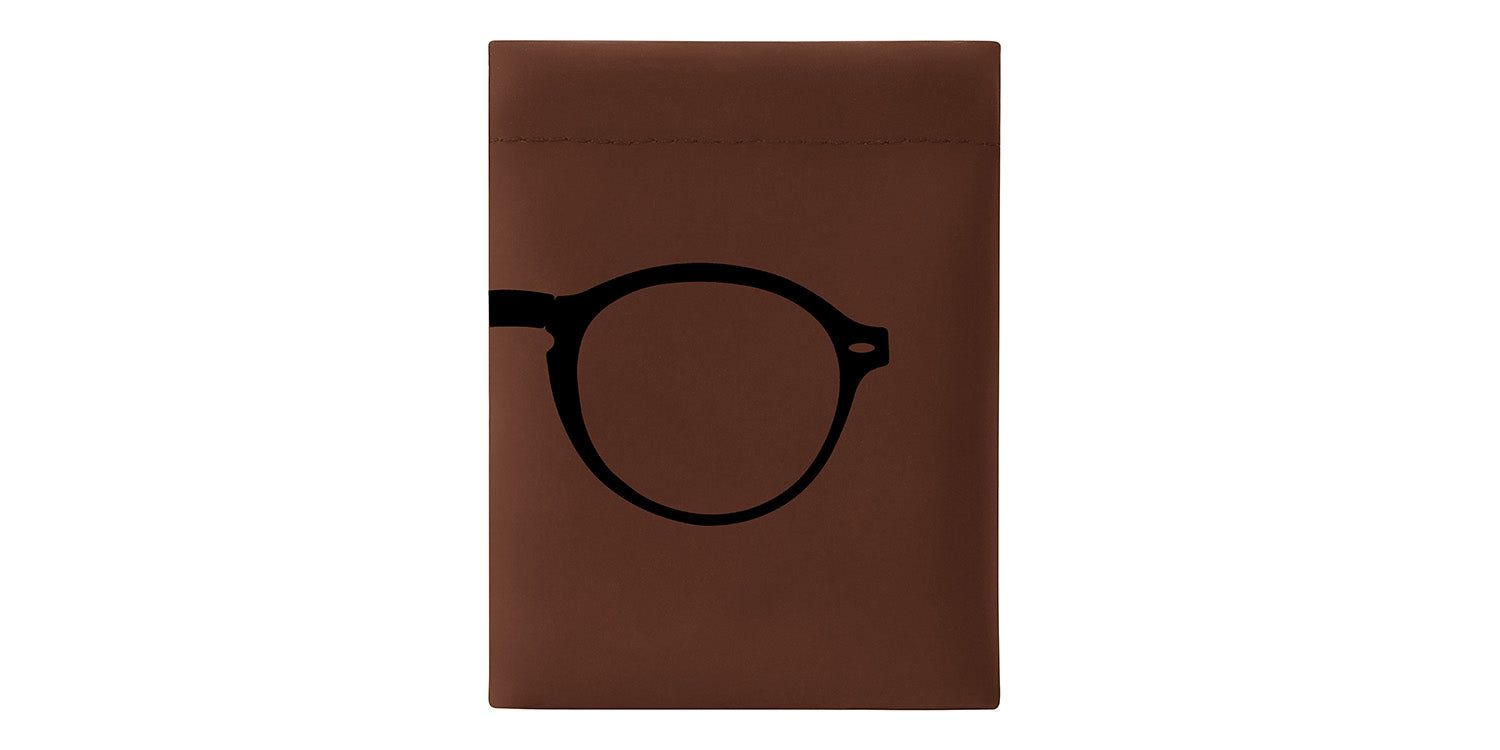Custodia marrone con silhouette di occhiali nera. Logo Montana Eyewear.