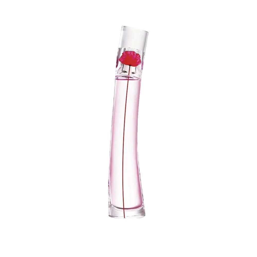 Flacone di profumo con fiore rosso. Flacone in vetro con liquido rosa. Fiore rosso sul tappo. Forma slanciata e curva.