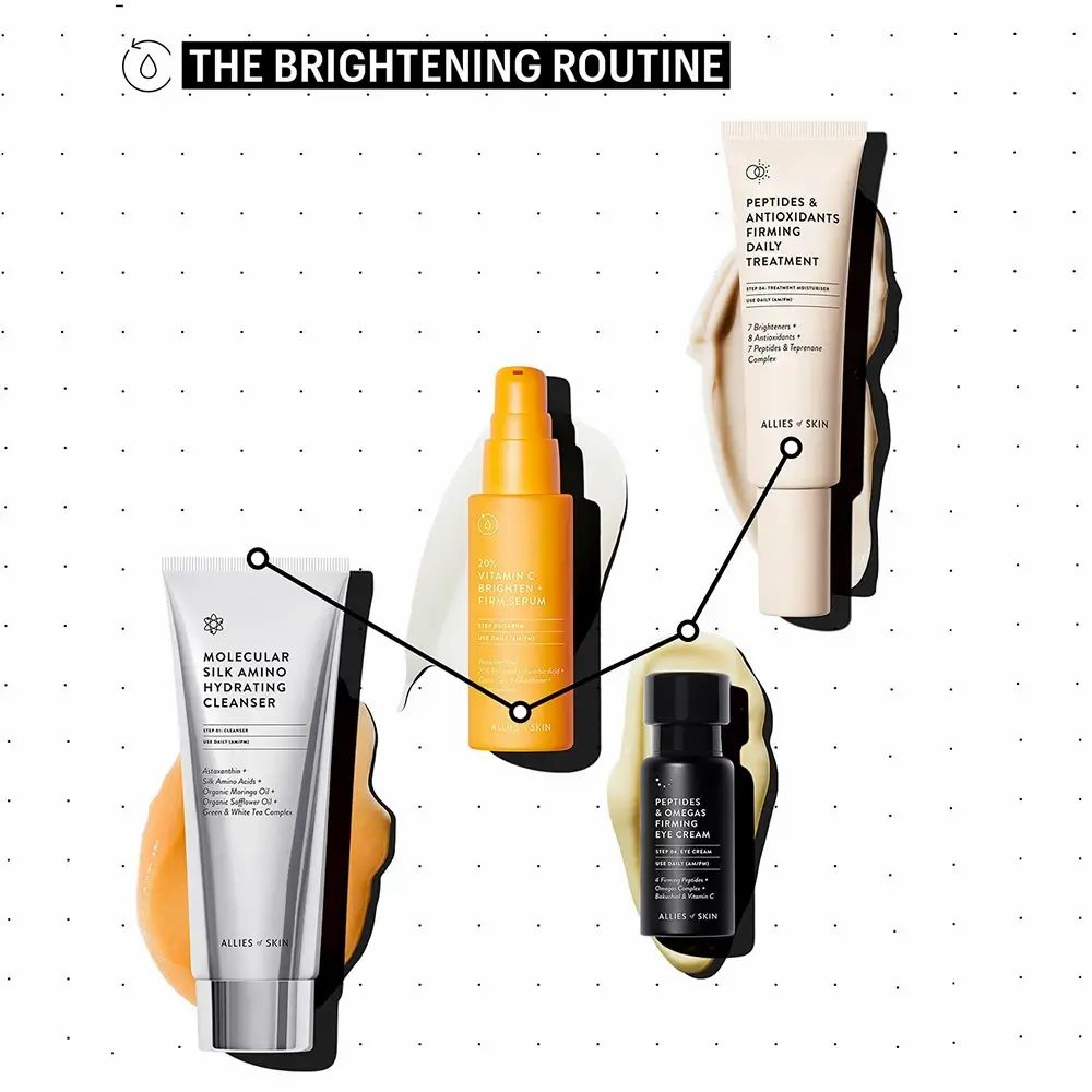 Vari prodotti per la cura della pelle, tra cui siero giallo con scritta: 20% Vitamin C Brighten + Firm Serum. Marchio: ALLIES OF SKIN.