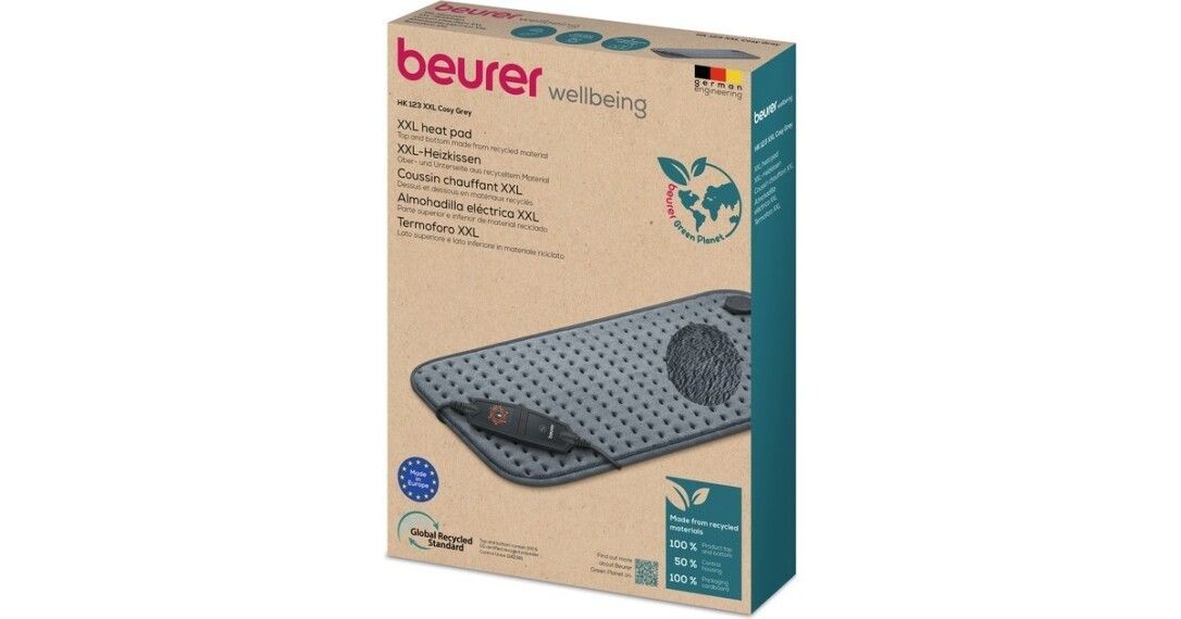 Confezione con nome e logo del prodotto. Cuscino riscaldante grigio con controllo. Etichetta di riciclaggio. Nome del prodotto: Beurer Wellbeing.