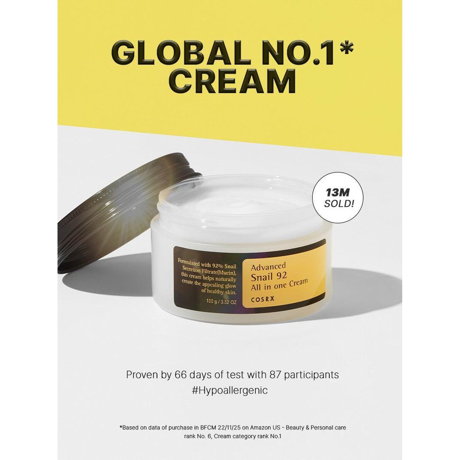 COSRX Advanced Snail 92 All in One Cream in un barattolo bianco con etichetta gialla. 13M vendute.