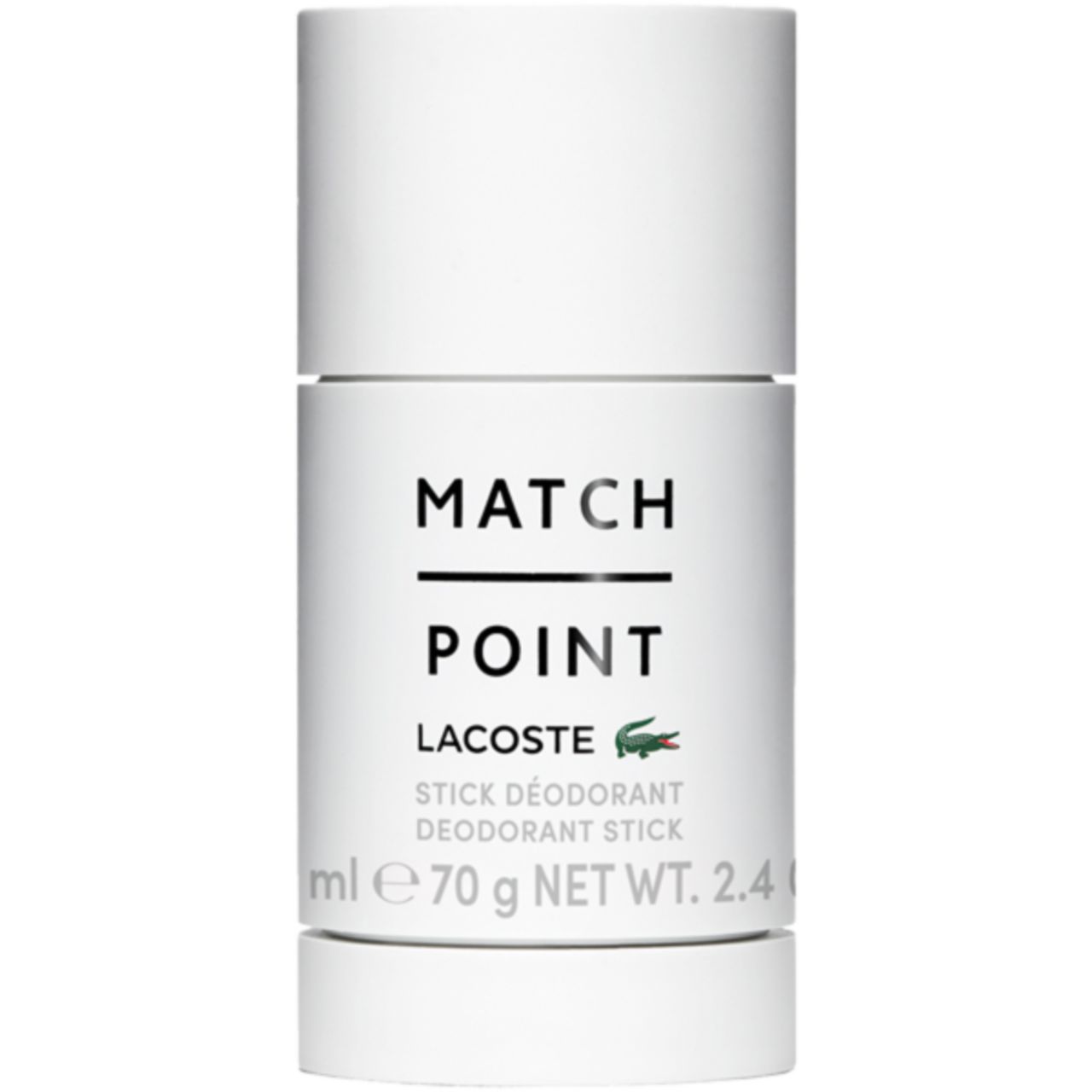Stick deodorante bianco con scritta nera "MATCH POINT" e logo Lacoste. "STICK DÉODORANT" sotto. In basso: "ml e 70 g NET WT. 2.4"