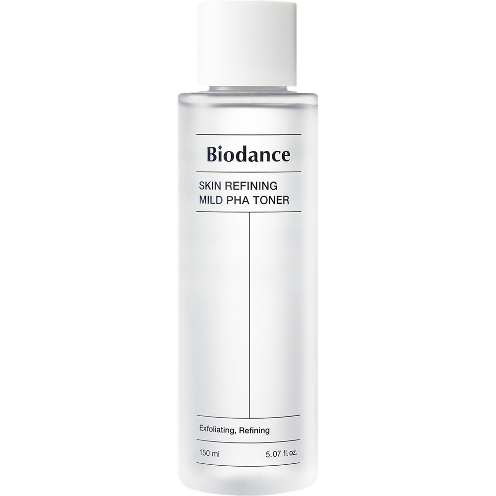 Flacone trasparente con tappo bianco. Scritta: Biodance Skin Refining Mild PHA Toner. 150 ml.