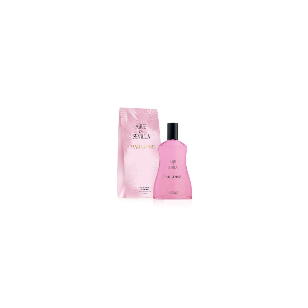 Flacone e confezione rosa. Flacone con tappo nero. Scritta: Aire de Sevilla Paradise.