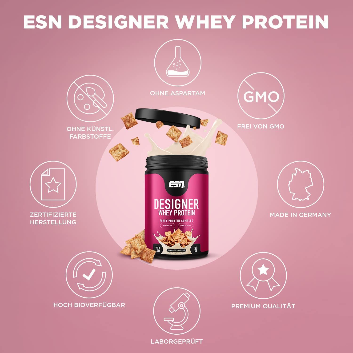 Barattolo ESN Designer Whey Protein. Icone: senza aspartame, senza OGM, produzione certificata, alta biodisponibilità, qualità premium, testato in laboratorio.
