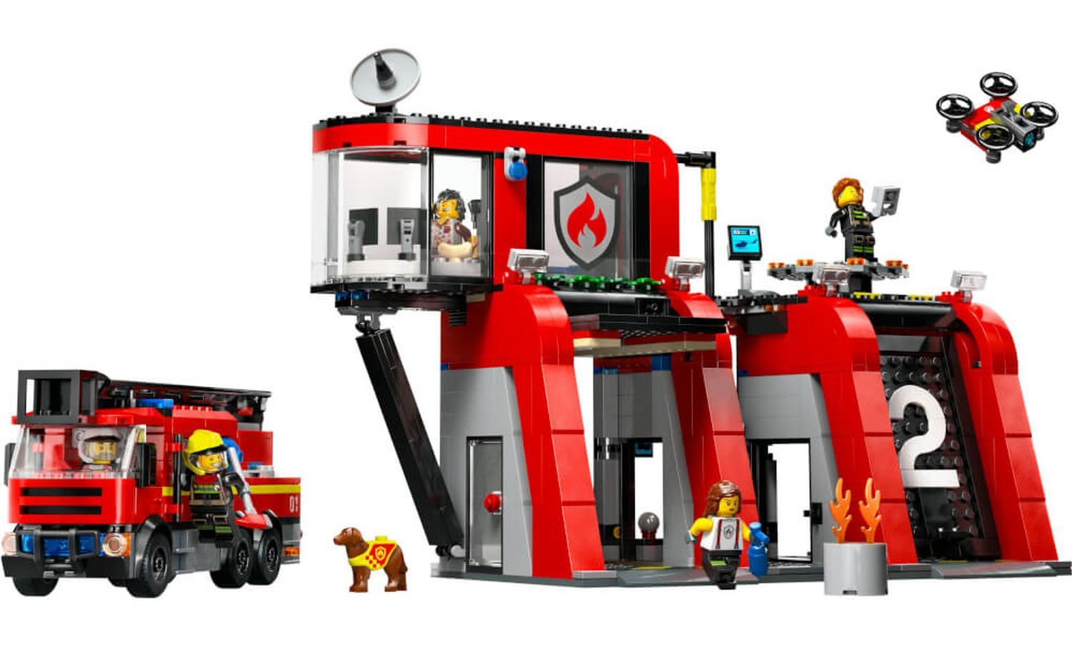 Set LEGO City. Caserma dei pompieri rossa con autopompa e personaggi. Include un drone e un cane.