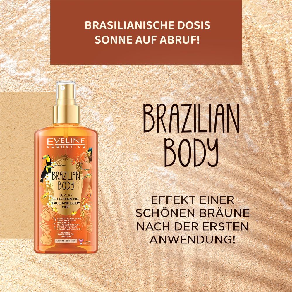 Spray autoabbronzante EVELINE COSMETICS Brazilian Body. Flacone con testo e illustrazioni su sfondo marrone.