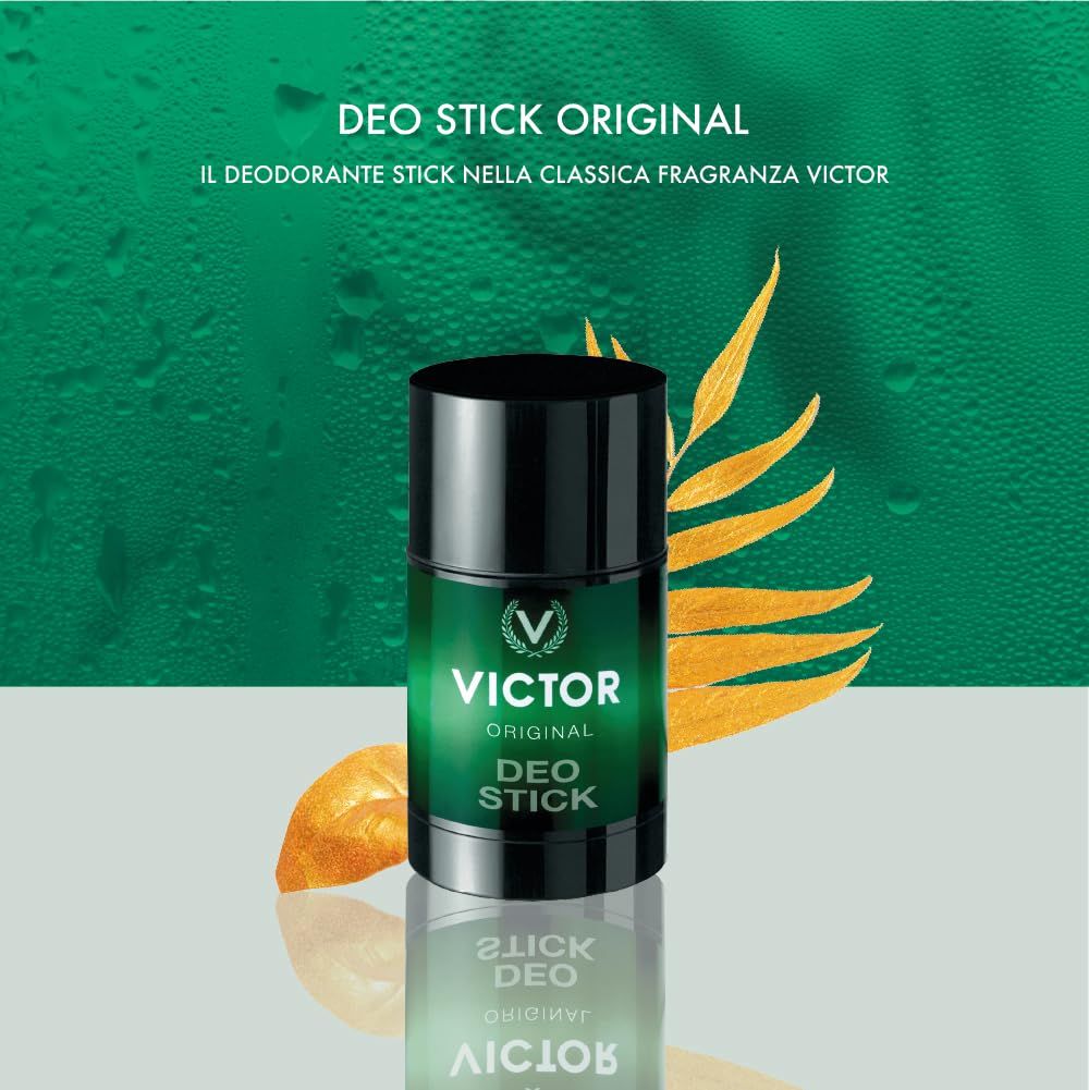 Deo stick su sfondo verde con foglie dorate. Scritta: VICTOR ORIGINAL DEO STICK. Tappo nero.