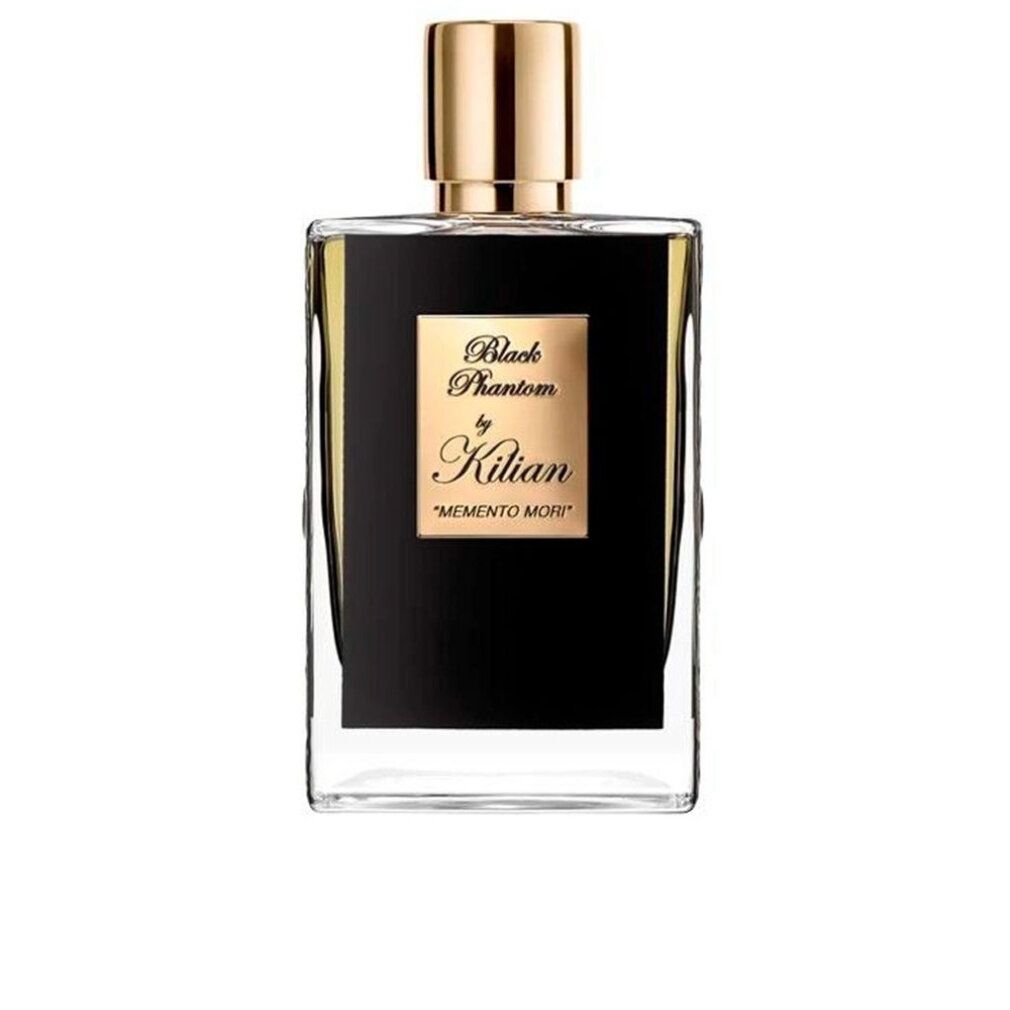 Flacone nero con tappo dorato. Etichetta con testo: Black Phantom by Kilian, Memento Mori.