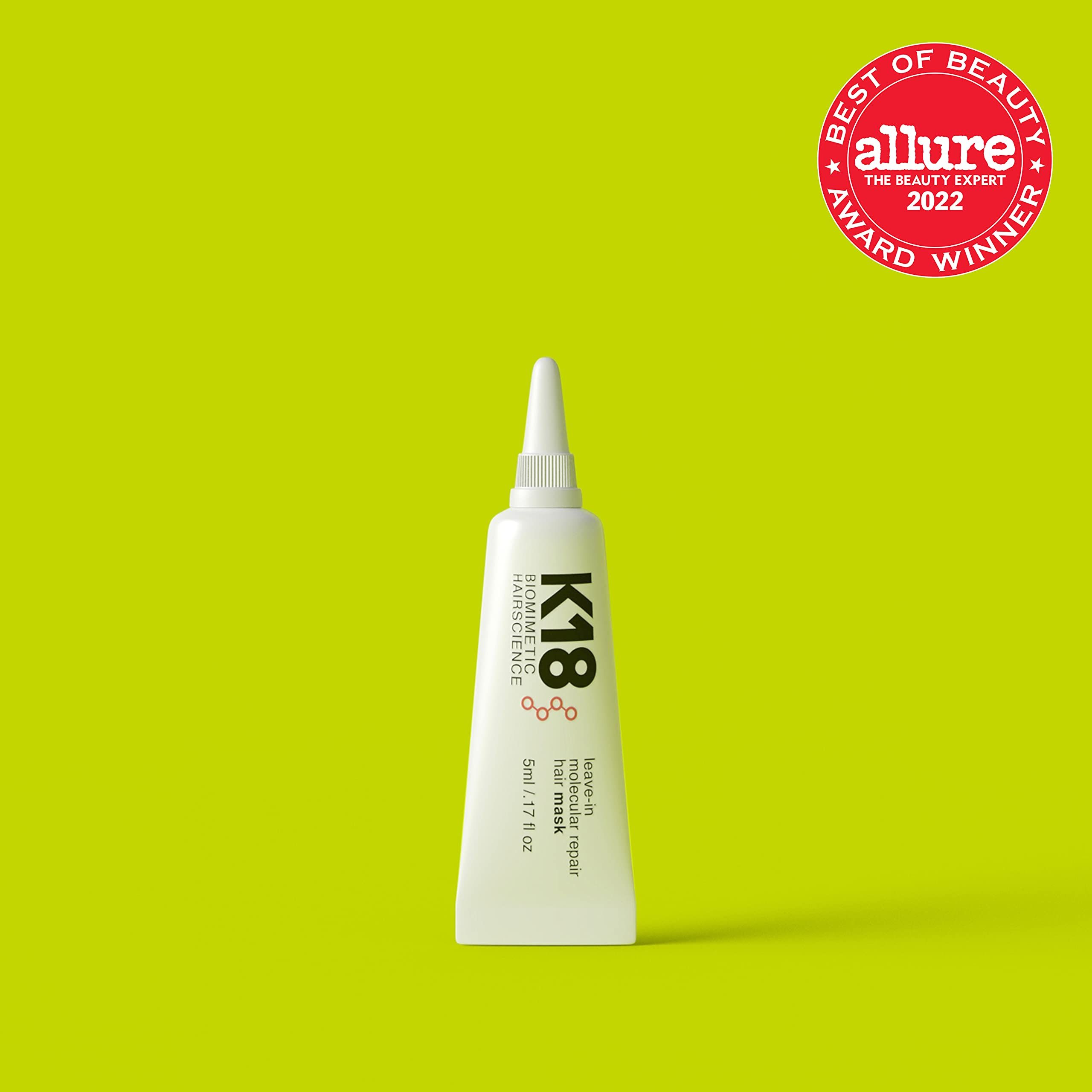 Tubo bianco K18 su sfondo giallo. Testo: « maschera per capelli ». Premio « Best of Beauty Award 2022 ».