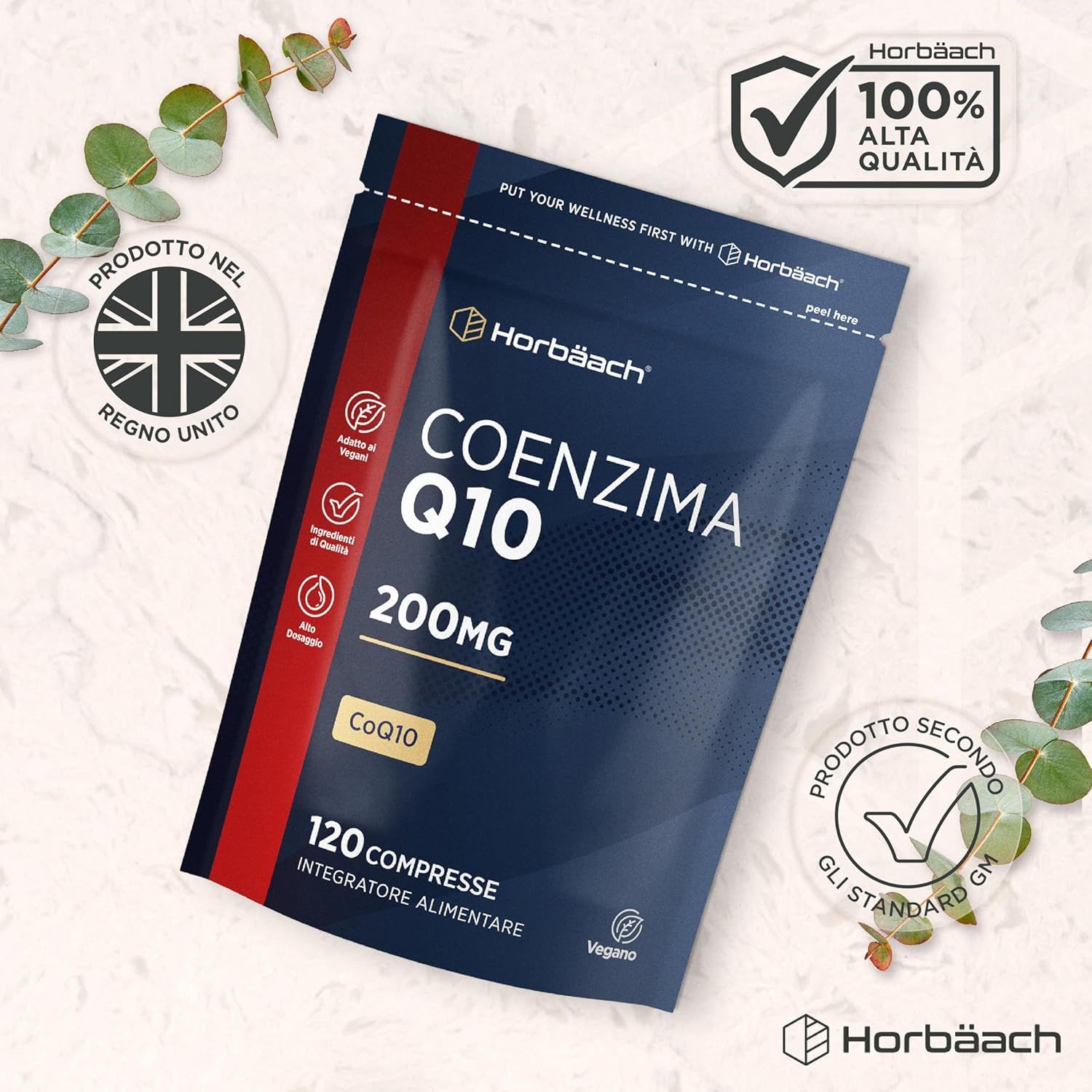 Busta di Coenzima Q10 200mg, 120 compresse. Marchio: Horbaach. Vegano. Confezione blu. Prodotto nel Regno Unito.