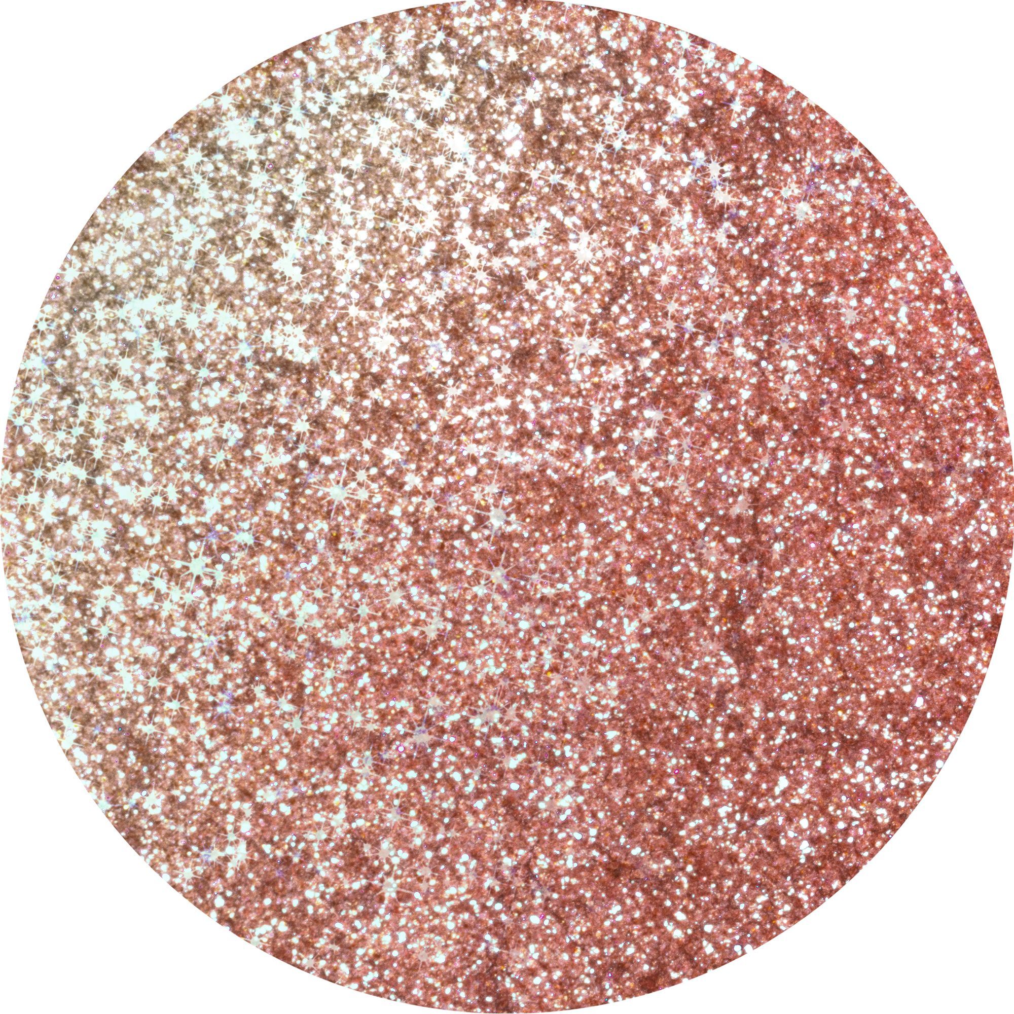 Un ombretto circolare in una tonalità rosa e oro. L'ombretto è cangiante e scintillante. La texture è fine e densa. Lo sfondo è bianco.