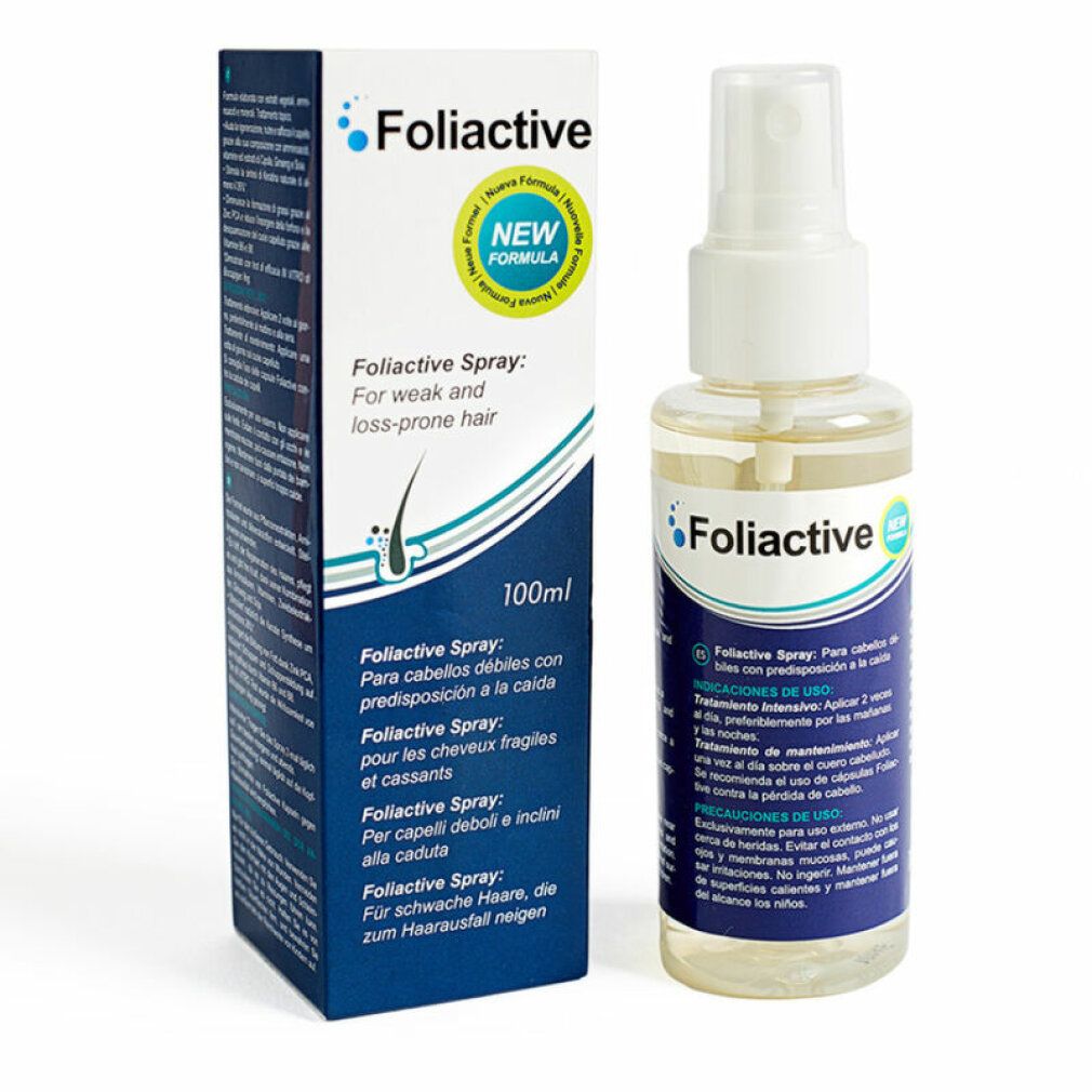 Flacone spray Foliactive e confezione. Flacone con erogatore, liquido trasparente. Confezione con informazioni sul prodotto.