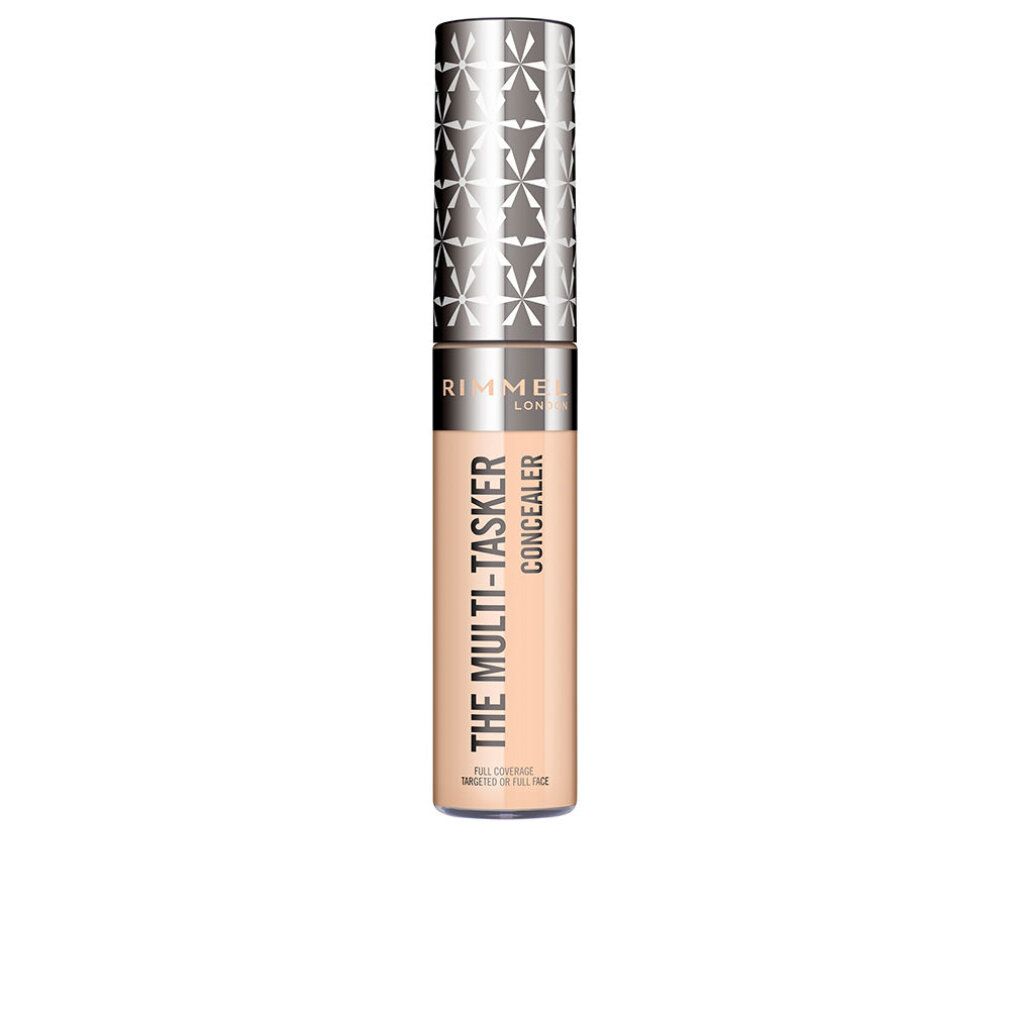 Tubo correttore con tappo argentato. Scritta: Rimmel London, THE MULTI-TASKER CONCEALER, 020-Fair. Colore beige.