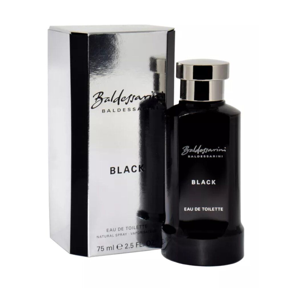 Flacone e confezione Baldessarini Black Eau de Toilette. Flacone nero con tappo argentato. Scatola argentata con scritte nere.