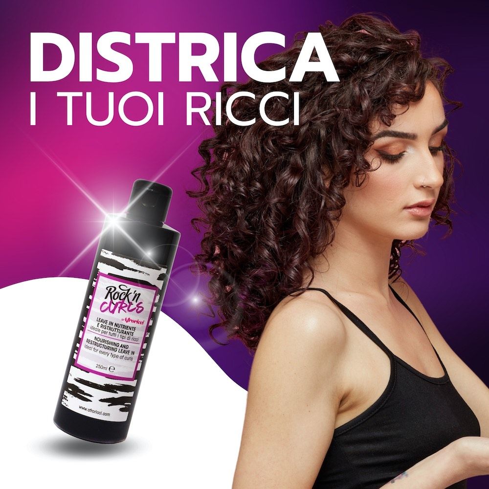 Flacone nero con etichetta bianca e rosa. Testo: Rock'n Curls, Leave In Nutriente e Ristrutturante, 250ml.