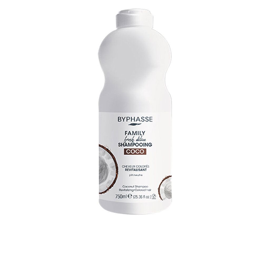 Flacone bianco con etichetta. Scritta: Byphasse Family Fresh Delice Champú. Illustrazione cocco. 750ml.