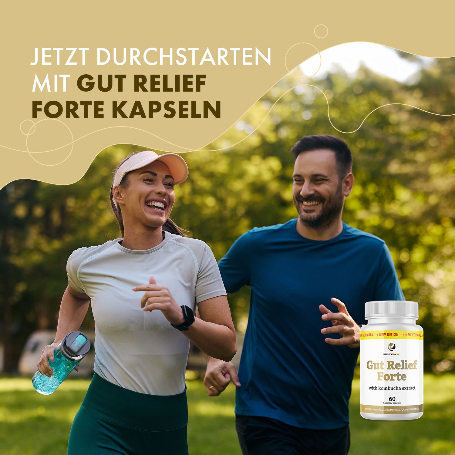 Coppia fa jogging, accanto flacone capsule "Gut Relief Forte". Testo: Inizia ora con le capsule Gut Relief Forte.