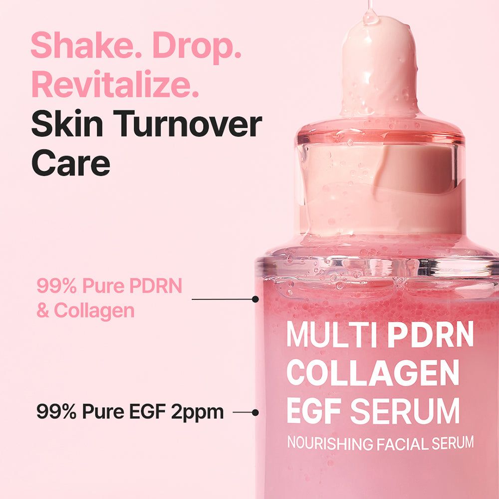 Primo piano del flacone di siero PURITO. "99% Pure PDRN & Collagen" e "99% Pure EGF 2ppm" sull'etichetta.