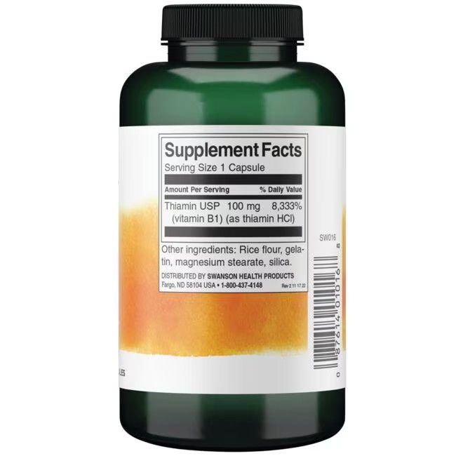 Flacone verde con etichetta bianca. Scritta: Tiamina 100 mg. Altri ingredienti: farina di riso, gelatina, magnesio stearato, silice.