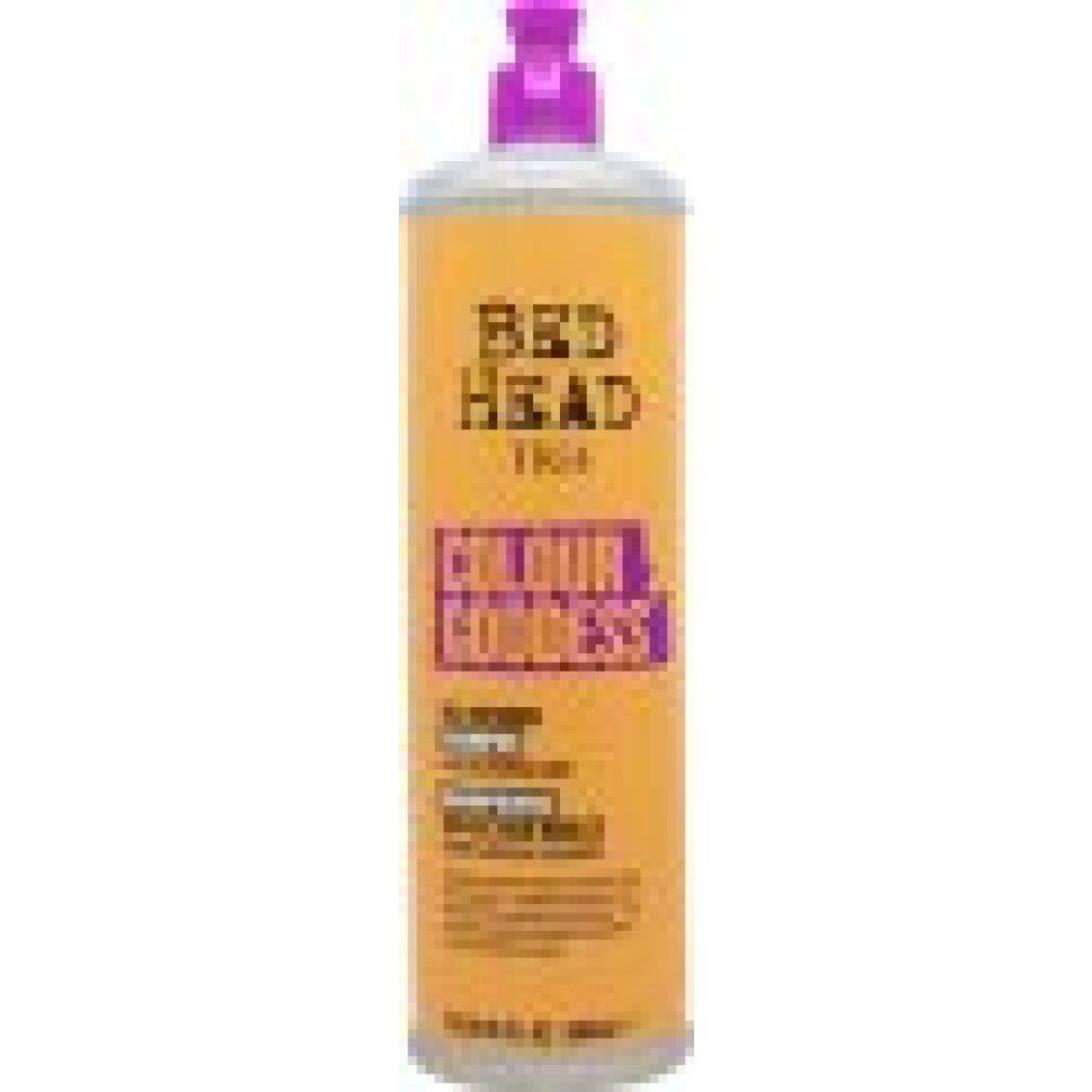 Flacone di shampoo arancione-giallo con tappo viola. Scritta: Bed Head Tigi Colour Goddess. Shampoo all'olio per capelli colorati.