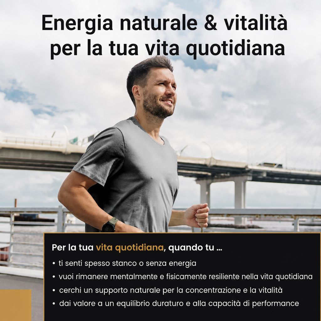 Corridore con orologio al polso, attivo all'aperto. Testo su energia naturale e vitalità.