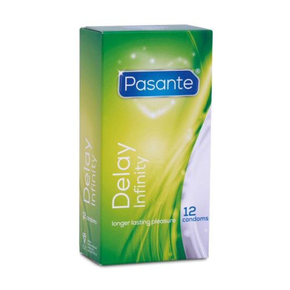 Confezione di preservativi Pasante Delay Infinity. Design verde e bianco. Contiene 12 preservativi.