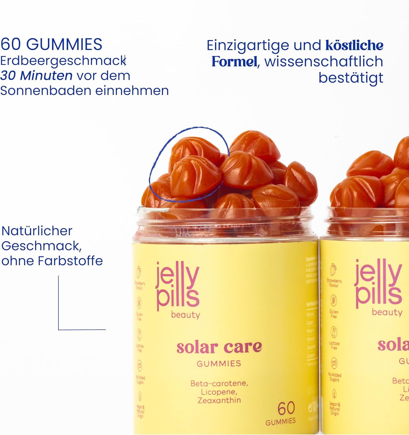 Due barattoli di Jelly Pills Solar Care Gummies. 60 caramelle gommose, gusto fragola. Scritta: Beta-carotene, licopene, zeaxantina. Alcune caramelle gommose accanto.