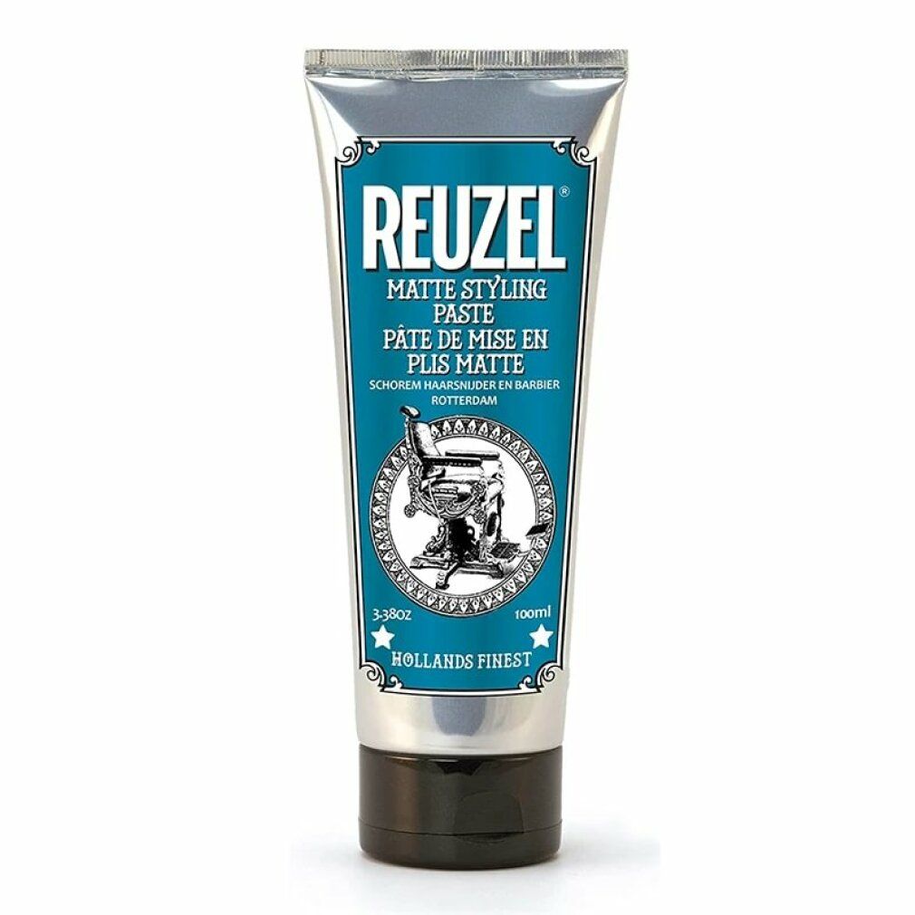 Tubo d'argento con etichetta blu. Testo: REUZEL, Matte Styling Paste. Immagine di una poltrona da barbiere. 100ml. Prodotto olandese.